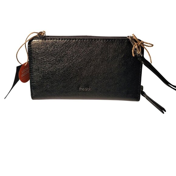 The Sak Iris Large Smartphone Black Embossed Crossbody Straps Leather 107467 New - Picture 2 of 6